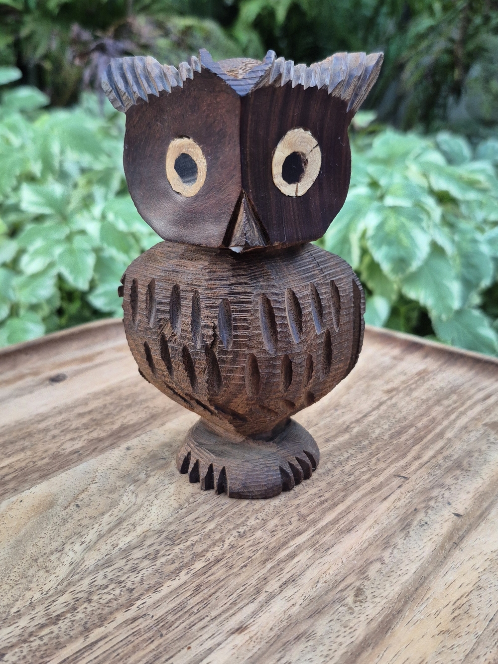 Vintage Hand Carved Solid Wood Owl Figurine MCM Folk Art 5.5"